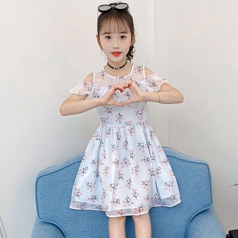 Đầm bé gái kiểu dáng mỏng hở vai phối ren phong cách Hàn Quốc dành cho bé gái