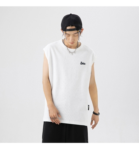 Áo thun unisex không tay thêu hình, vải waffle ghi lê kiểu mới