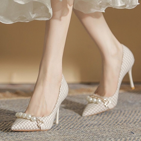 Giày cao gót Houndstooth đính ngọc trai mẫu mới