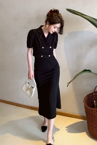 Bộ đồ vest hai mảnh áo ngắn, váy đuôi cá thời trang kiểu Pháp
