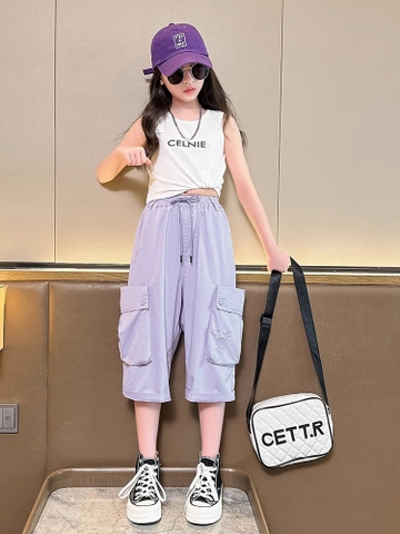Quần lửng ống rộng kiểu dáng mỏng thiết kế túi quần thời trang dành cho bé gái