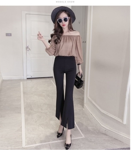Quần ống loe cạp cao có đường xẻ tà phía trước hợp thời trang cho nữ