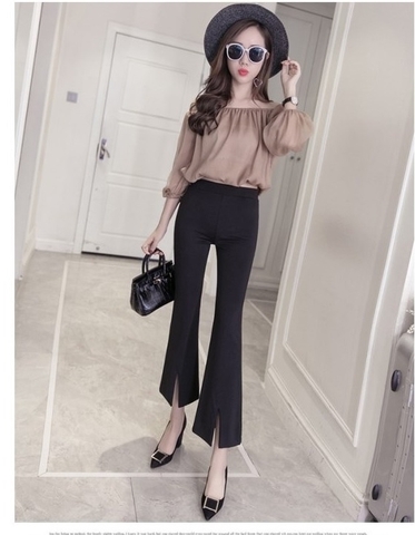 Quần ống loe cạp cao có đường xẻ tà phía trước hợp thời trang cho nữ