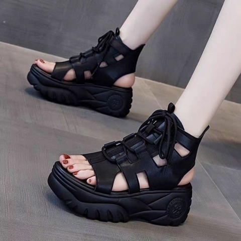 Dép sandal nữ đế xuồng cao, dáng mũi giày miệng cá phong cách cổ điển