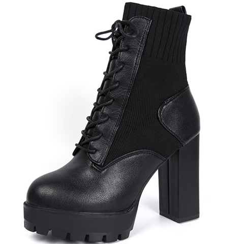 Giày boots mũi tròn cổ ngắn, có dây buộc, tăng chiều cao, phong cách thời trang