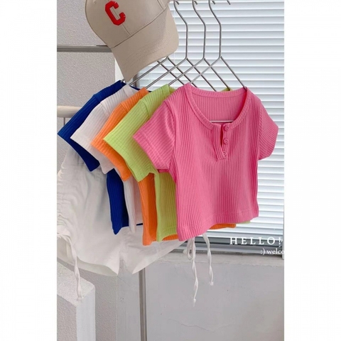 Áo thun co giãn tay ngắn lưng cao cổ hở chữ V dành cho bé gái