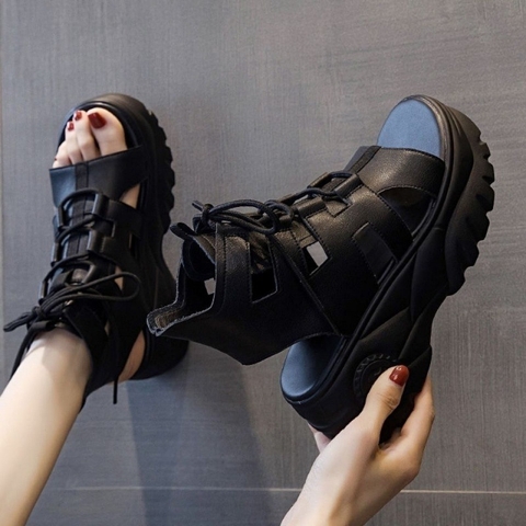 Dép sandal nữ đế xuồng cao, dáng mũi giày miệng cá phong cách cổ điển