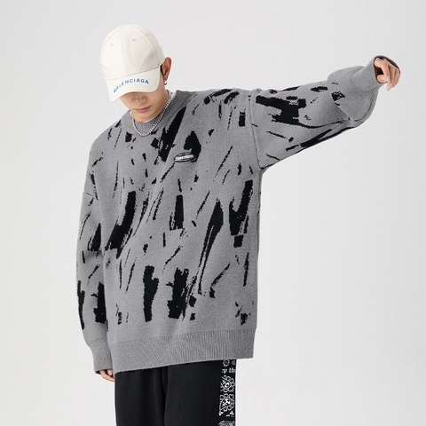 Áo len unisex dệt kim Nhật Bản họa tiết bắn mực vải Jacquard
