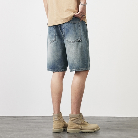 Quần short jean nam ống suông phối bạc màu phong cách Hàn Quốc