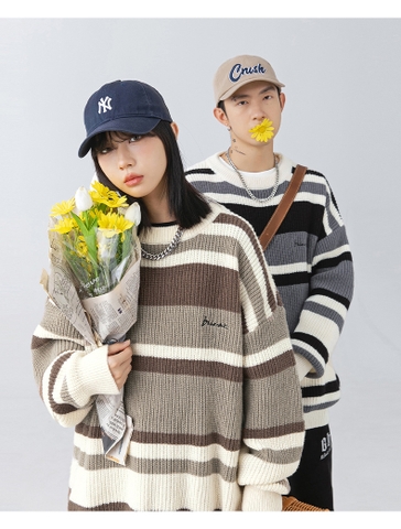 Áo len unisex kẻ sọc màu tương phản phong cách retro