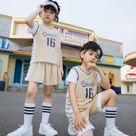 Bộ đồ thể thao bóng rổ cotton ngắn tay cổ chữ V cho bé trai