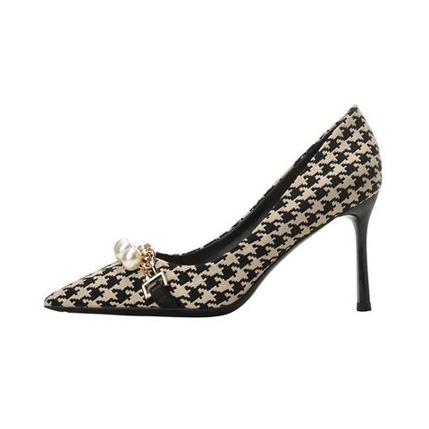 Giày cao gót Houndstooth đính ngọc trai mẫu mới