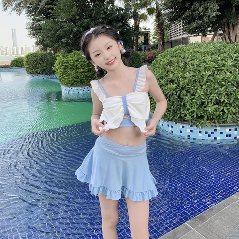 Bộ đồ bơi hai mảnh áo hai dây thắt nơ phối với váy ngắn kiểu dáng công chúa dễ thương