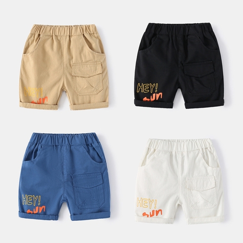 Quần short kaki in chữ phối túi hộp cho bé trai