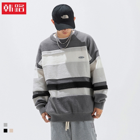 Áo len unisex kẻ sọc cổ tròn phong cách Nhật Bản retro hợp thời trang