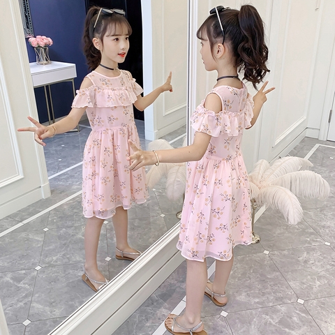 Đầm bé gái kiểu dáng mỏng hở vai phối ren phong cách Hàn Quốc dành cho bé gái