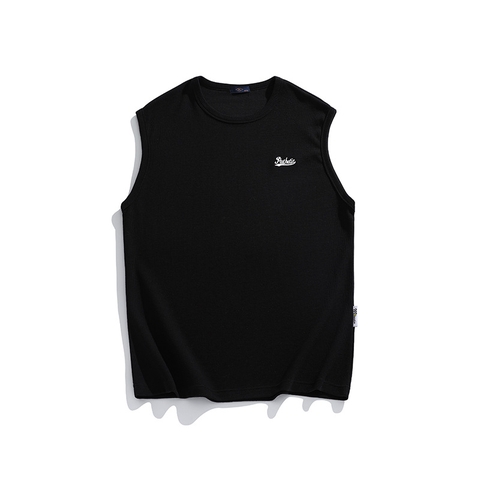 Áo thun unisex không tay thêu hình, vải waffle ghi lê kiểu mới