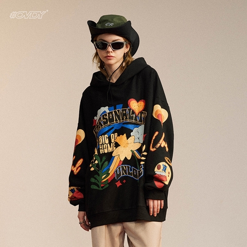 Áo hoodie OVDY unisex lông cừu in hình họa tiết rực rỡ