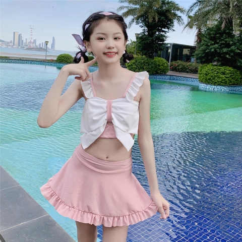 Bộ đồ bơi hai mảnh áo hai dây thắt nơ phối với váy ngắn kiểu dáng công chúa dễ thương