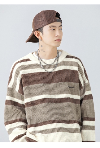 Áo len unisex kẻ sọc màu tương phản phong cách retro