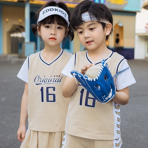 Bộ đồ thể thao bóng rổ cotton ngắn tay cổ chữ V cho bé trai