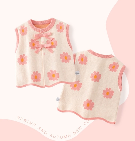 Áo len gile vải cotton dệt kim phối nơ kiểu dáng công chúa dễ thương dành cho bé gái