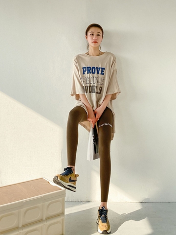 Quần legging nữ dài chín tấc ôm dáng co giãn, in chữ trên đùi thời trang