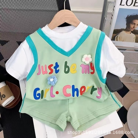 Bộ đồ thể thao áo tay ngắn giả hai mảnh và quần ngắn giản dị thời trang phong cách Hàn Quốc dành cho bé gái
