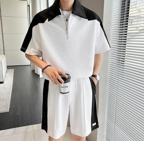 Bộ đồ nam áo cổ polo kéo khóa phối màu hợp thời trang