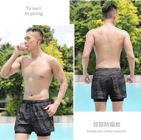 Quần bơi, quần thể thao hai lớp in họa tiết thoáng khí dành cho nam