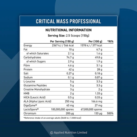 Sữa tăng cân Critical Mass Professional - Lean Mass Gainer Applied Nutrition 6kg - 3 mùi