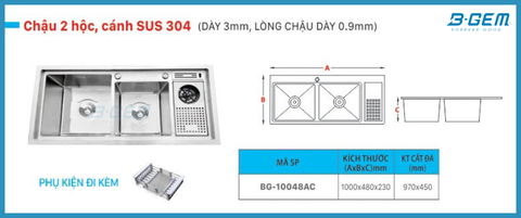 Chậu 2 Hộc Cánh Chờ SUS304 B-GEM BG-10048AC