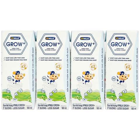 Sữa tiệt trùng VPMILK GROW+ít đường 180ml (vỉ 4 hộp)