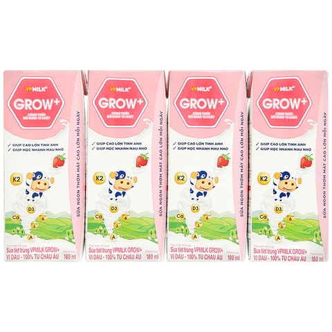 Sữa tiệt trùng VPMILK GROW+180ml Vị Dâu (vỉ 4 hộp)
