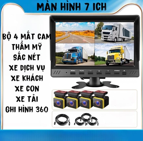 Bộ 4 mắt camera hành trình kèm màn hình 7 inch dành cho xe con, xe chạy dịch vụ, xe tải đường dài