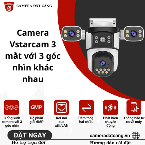 Camera 3 mắt Vstarcam với 3 góc nhìn khác nhau cùng lúc quan sát 3 khung hình trên 1 màn hình, kết nối wifi/LAN, zoom kỹ thuật số, giám sát từ xa