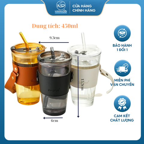 Cốc/Ly Borgous Bao Da 450ml Có Ống Hút– Cốc Thủy Tinh Bọc Da Có Nắp Đựng Nước- North Star Packing