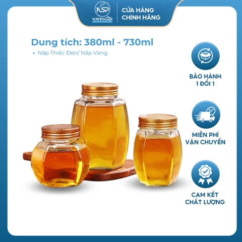 Hũ Thủy Tinh Lục Giác Đựng Mật Ong 380ml 730ml Nắp Vàng, Đựng Yến Chưng, Trà, Siro - North Star Packing
