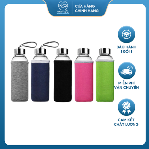 Bình Thủy Tinh Đựng Nước Cao Cấp Dung tích 750ml Kèm Bọc Vải Và Quai Sách, Có Vạch Giờ Nhắc Uống Nước