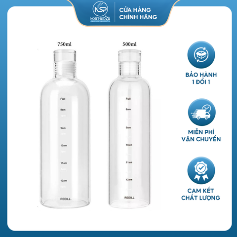 Bình Thủy Tinh Đựng Nước Cao Cấp Dung tích 500ml Có Vạch Giờ Nhắc Uống Nước - North Star Packing