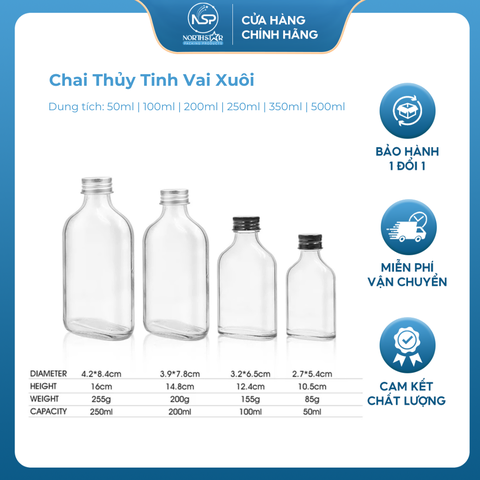 Chai Thủy Tnh Dẹp Cổ Cao Vai Bầu, Dung Tích 50ml 100ml 200ml 250ml 350ml 500ml - North Star Packing