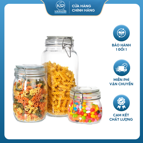 Hũ Thủy Tinh Tròn/ Vuông Nắp Gài Inox, Dung Tích 500ml 1000ml 1500ml 2000ml 3000ml 4800ml, Đựng Thực Phẩm, Chống Ẩm Mốc - NorthStar Packing