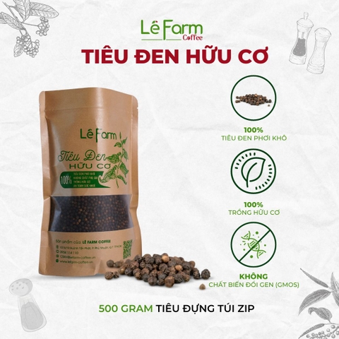 Túi 500g Tiêu Đen Hữu Cơ, Tiêu Sạch Đăk Nông Nguyên Hạt Đã rang - Lê Farm Coffee