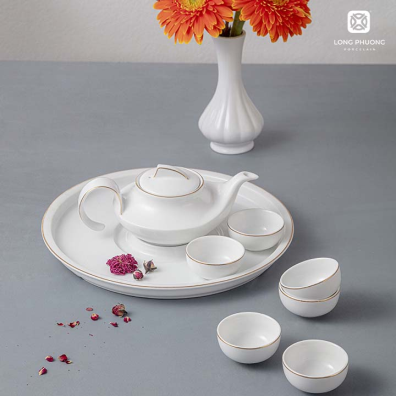 Bộ ấm trà sứ 01 viền vàng Long phương