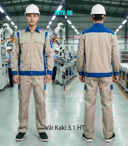 Mẫu đồng phục bảo hộ lao động màu kem phối xanh dương