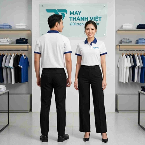 Đồng Phục Công Ty Polo Trắng Phối Xanh Thanh Lịch