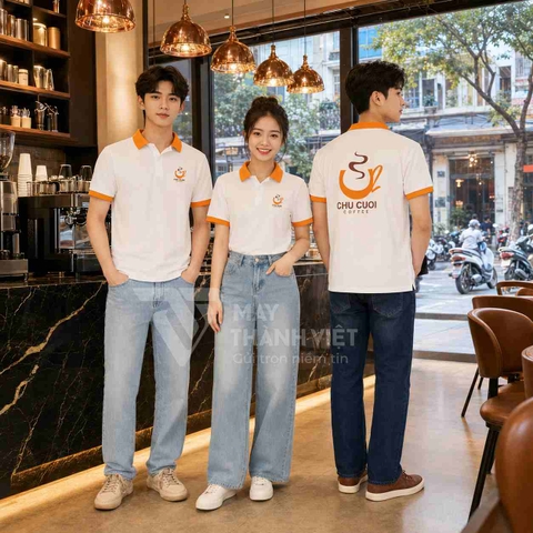 Mẫu áo polo đồng phục quán cafe màu trắng phối cam