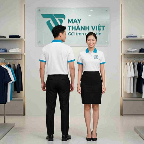 Áo đồng phục polo màu trắng phối xanh