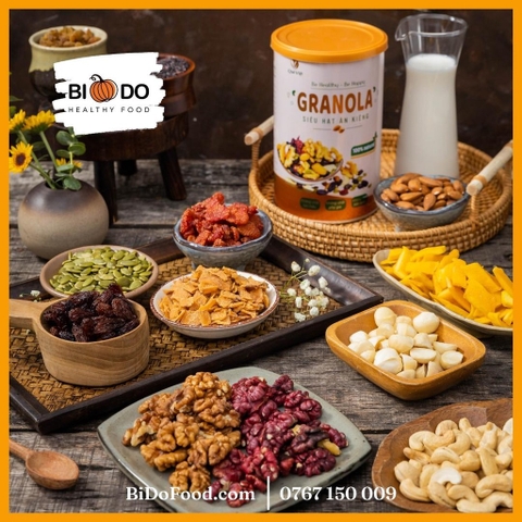 Granola Siêu Hạt Ngũ Cốc Ăn Kiêng Quê Việt 500g - Bí Đỏ Food - Hạt Trái Cây Sấy Ngon