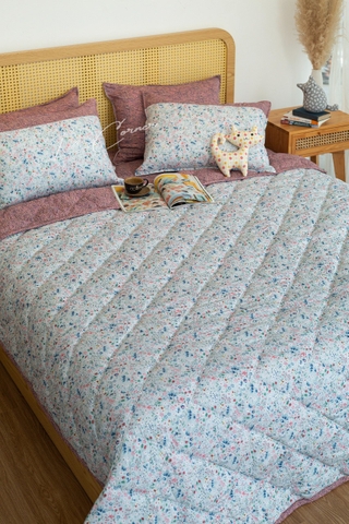 Bộ chăn gối Modal Micro màu trắng hoa nhí chần bông 2mx2m2